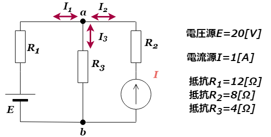重ね合わせの理：電流源と電圧源が混在する回路の例題